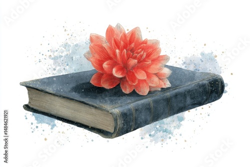 Intricate illustration of a book with a vibrant flower.