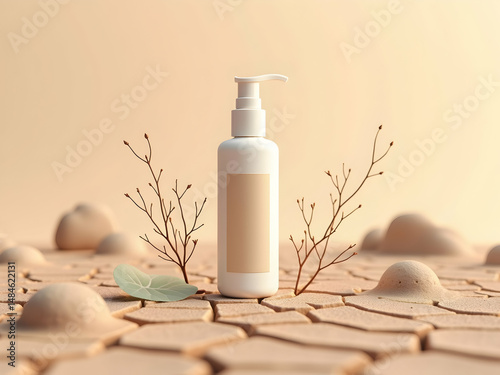 A minimalist and serene digital illustration showcases a skincare product against a textured earth-tone background, highlighting themes of purity and natural beauty