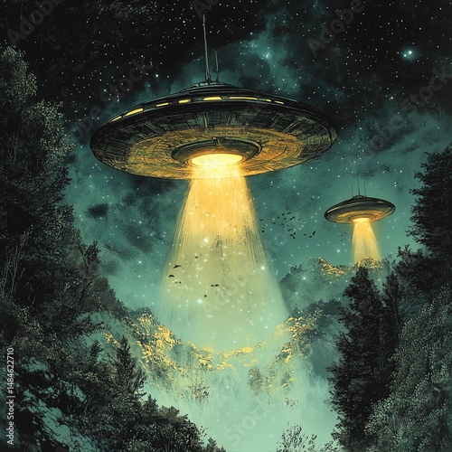 UFOs hovering over forest at night with glowing beams of light