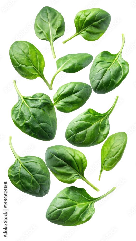 Fototapeta premium flying fresh spinach leaves isolated on transparent white background, clipping path