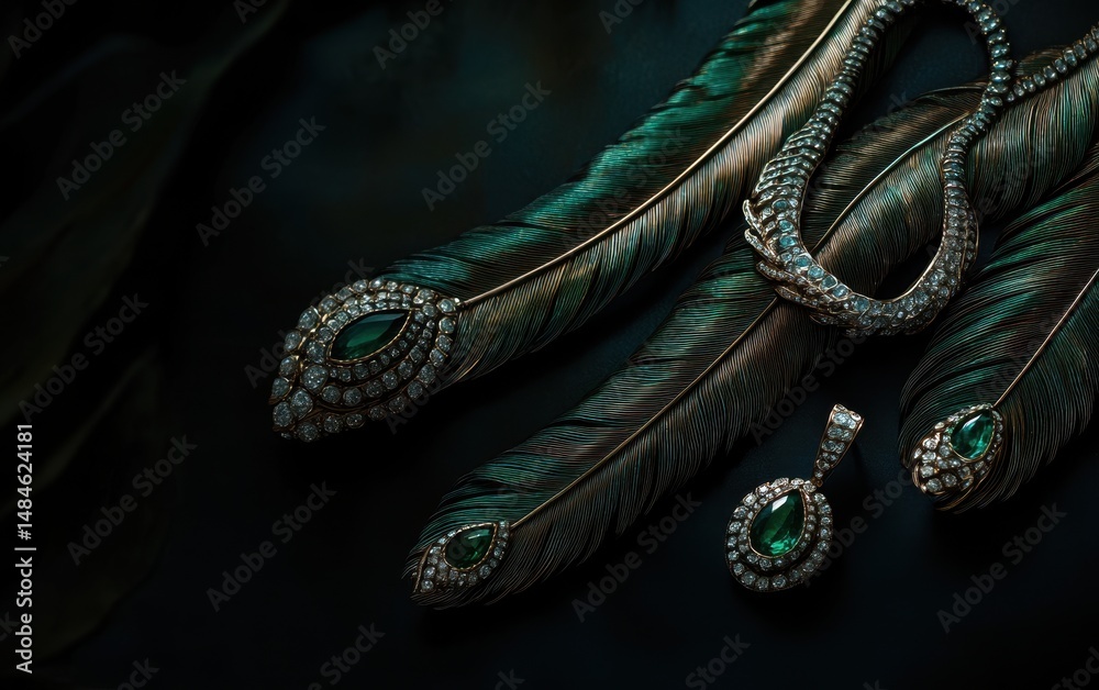 Fototapeta premium Emerald and diamond jewelry on dark feathers