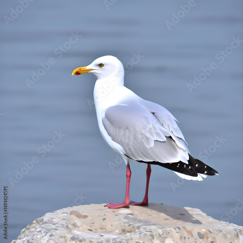Gaviota posada en una roca que mira sobre el agua serena.