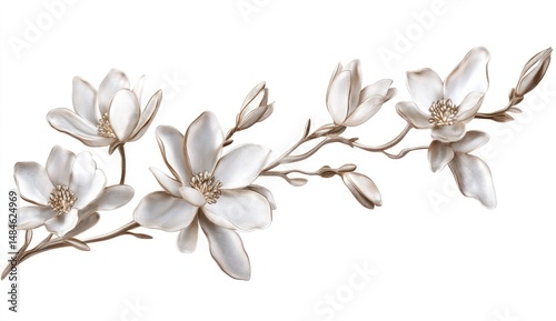 Delicate magnolia branch with blossoms.  Soft, elegant flowers and stems.  Detailed, realistic botanical illustration