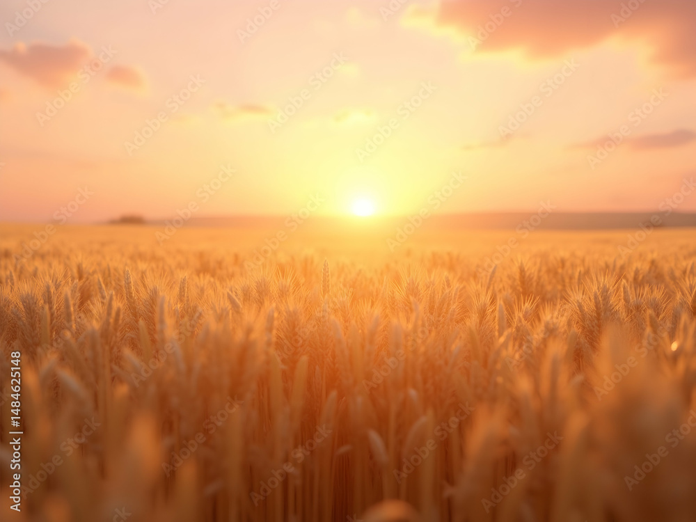 Golden Horizon, A Captivating Photorealistic Depiction of a Wheat Field Bathed in the Warmth of the Setting Sun, Evoking a Sense of Peace and Tranquility