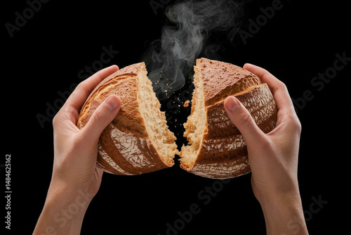 hand breaking hot bread - pieces of bread