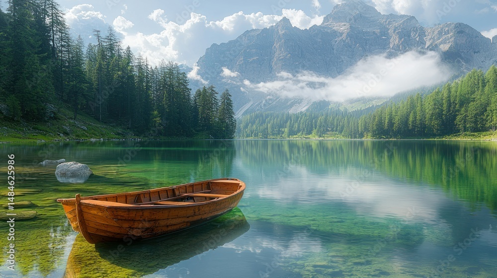 Obraz premium Serene mountain lake with wooden boat