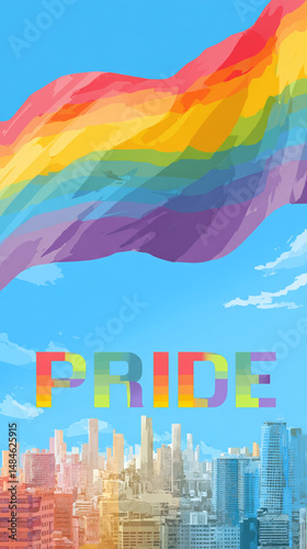 Pride month. LGBTQ rainbow colors over the city and text 