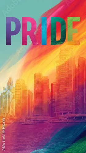 Pride month. LGBTQ rainbow colors over the city and text 