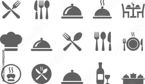 Restaurant menu icons vector set kitchen utensils and food service design elements elegant and modern style on transparent background