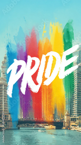 Pride month. LGBTQ rainbow colors over the city and text 