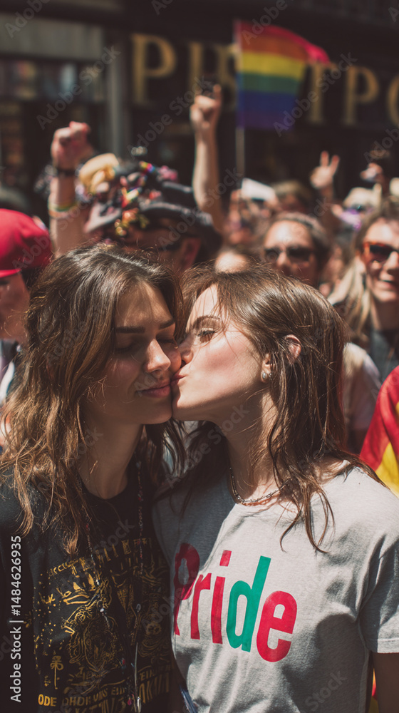 Fototapeta premium Two gay women attending pride celebration, having fun, kissing