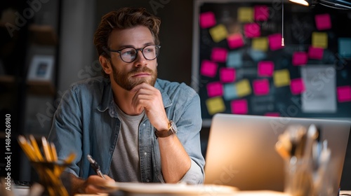 Creative Entrepreneur Engaged in Brainstorming Session for Innovative Side Hustle Ideas at Night