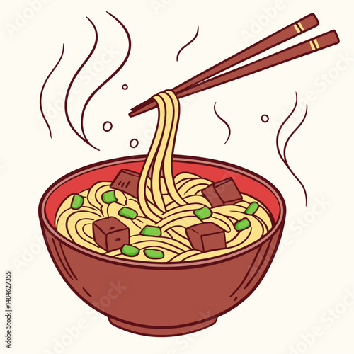 Hot and Savory Ramen Noodles – Asian Red Bowl Meal Presentation