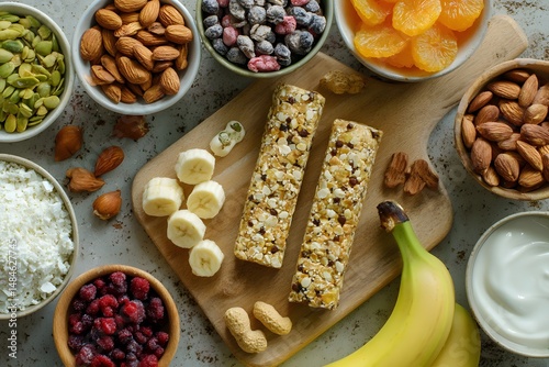 Healthy Snack Selection on Table Featuring Nuts, Fruits, and Granola Bars for Wholesome Eating Options