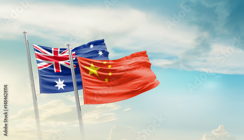 Photography Australia and China flags waving in beautiful sky