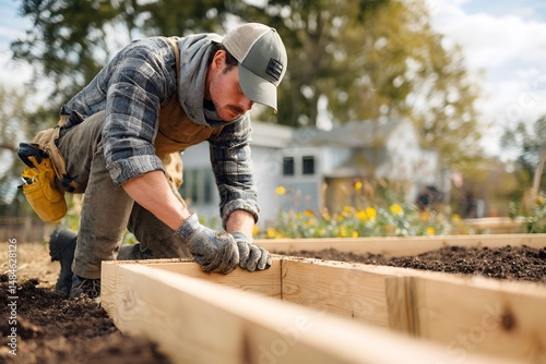 Skilled Man Building Raised Garden Bed in Outdoor Space on Sunny Day with Flowers in Background