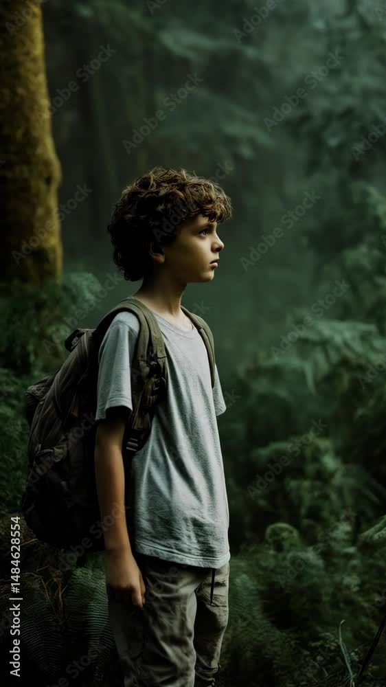 Boy with backpack explores lush green forest, immersed in nature's beauty and the quiet serenity of the outdoors on an adventure. Boy with backpack explores lush green forest, immersed in nature's beauty and the quiet serenity of the outdoors on an adventure.