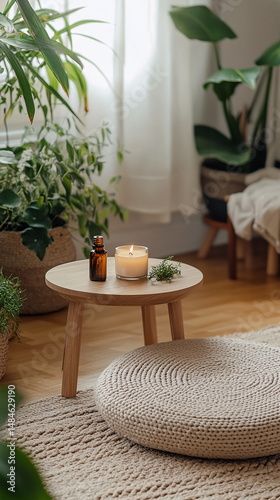 Tranquil interior meditation space woven floor cushion burning candle aromatherapy bottles indoor plants natural sunlight minimal cozy relaxing peaceful atmosphere wellness lifestyle