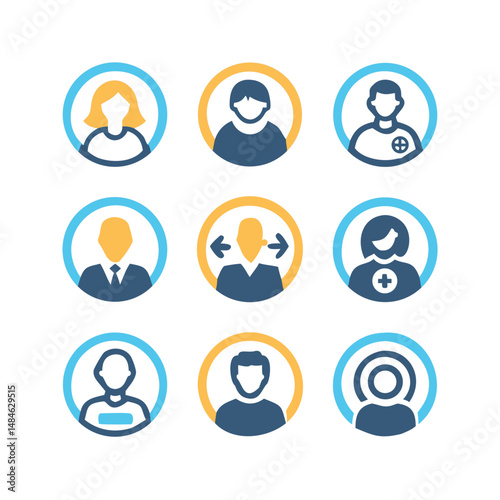 Colorful vector icons representing different user profiles and professions