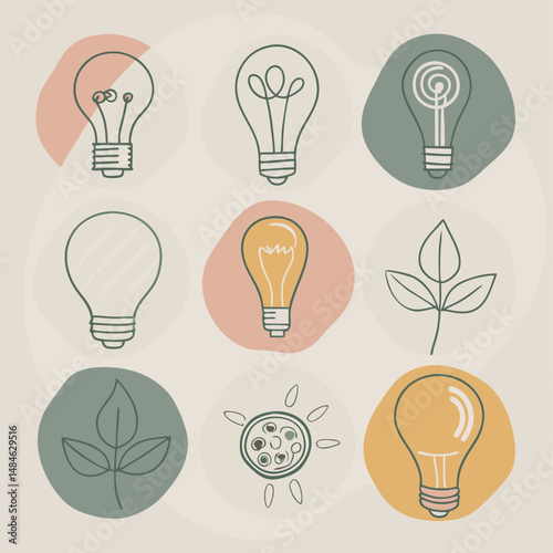 Collection of light bulb and leaf icons in soft colors representing ideas and nature