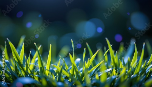 a close up view of a grassy area with numerous small green blades of grass in sharp focus against a