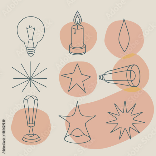 Collection of decorative and light-themed icons in minimalist line art
