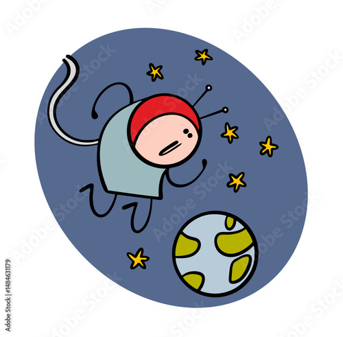 Brave stickman in outer space. Vector illustration of an astronaut in a spacesuit among the stars looking at planet Earth.