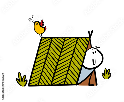 Satisfied stickman built a hut in nature. Vector illustration of a house made of branches, good weather, birds singing. The man went hiking in the forest.