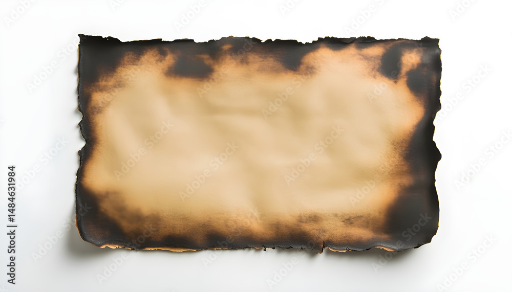 Obraz premium Piece of brown paper with dark burnt borders isolated on white, top view. Space for text