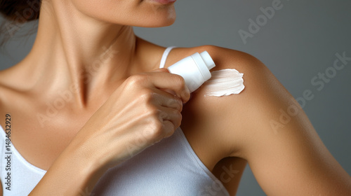 A close-up of a woman applying moisturizer on her shoulder, showcasing healthy skin and a soft, natural beauty.