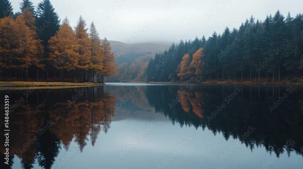 Fototapeta premium A serene lake surrounded by autumn foliage. The tranquility of nature is beautifully captured. Reflections enhance the peaceful atmosphere of this scene. Generative AI