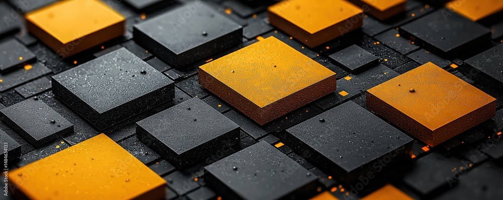 Abstract geometric composition with yellow and black textured square elements