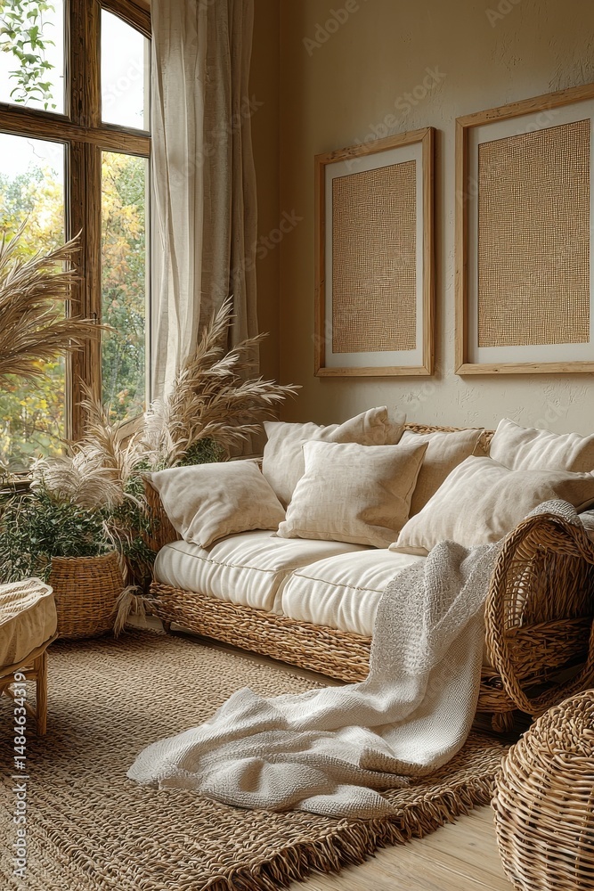Stylish bohemian living room interior with wicker furniture and rustic decor
