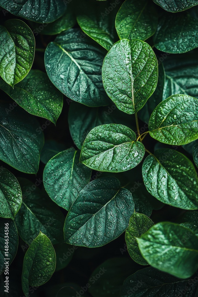 Close-up of tropical monstera leaves with water droplets creating a fresh look
