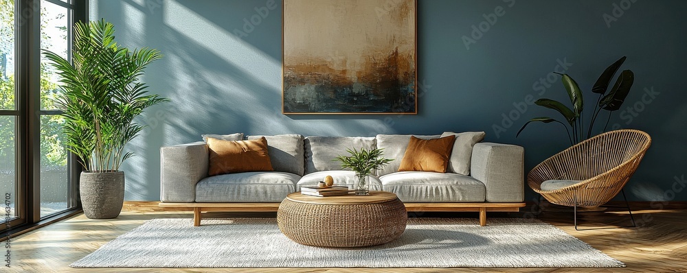Cozy living room with blue walls, natural accents, and comfortable seating