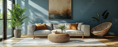 Obraz na płótnie Cozy living room with blue walls, natural accents, and comfortable seating w salonie