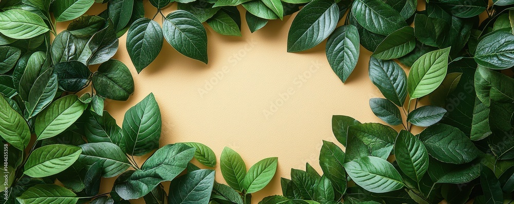 Circular blank space surrounded by vibrant green leaves on light background