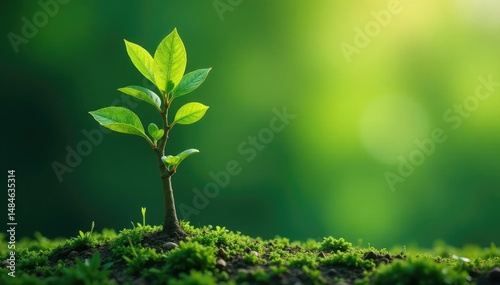 Delicate young tree, slender trunk, vibrant green leaves , pure, color
