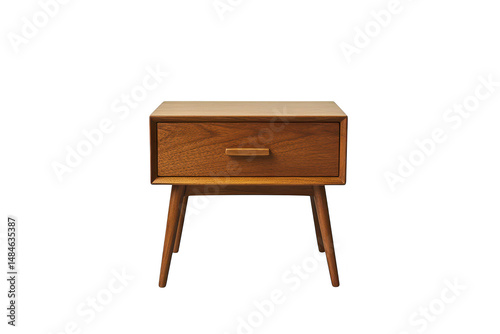 A wooden nightstand with a drawer sits in a studio on transparent background