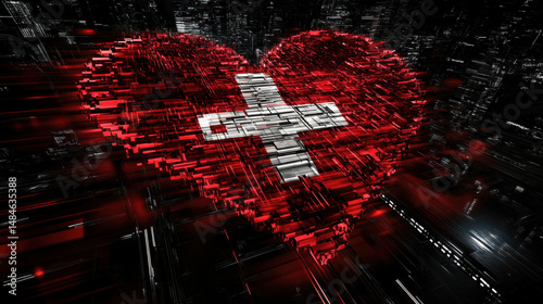 A vibrant, abstract representation of a heart formed from red and silver blocks, symbolizing love and health.