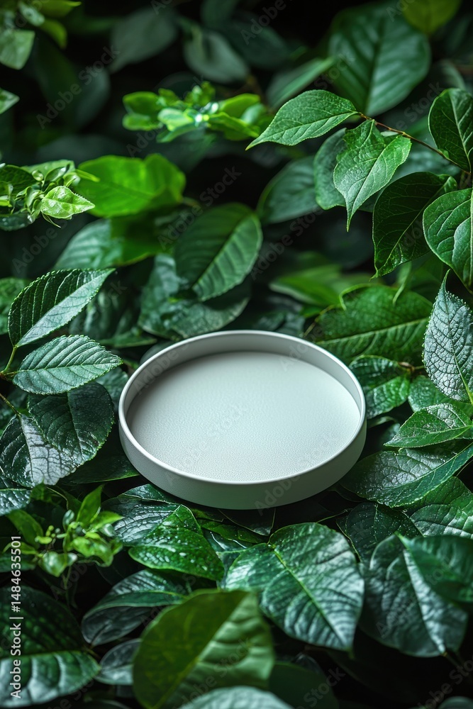 White ceramic plate with green leaf surrounded by fresh lush foliage