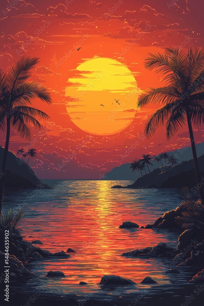 Tropical sunset view with palm trees and colorful sky reflection over water