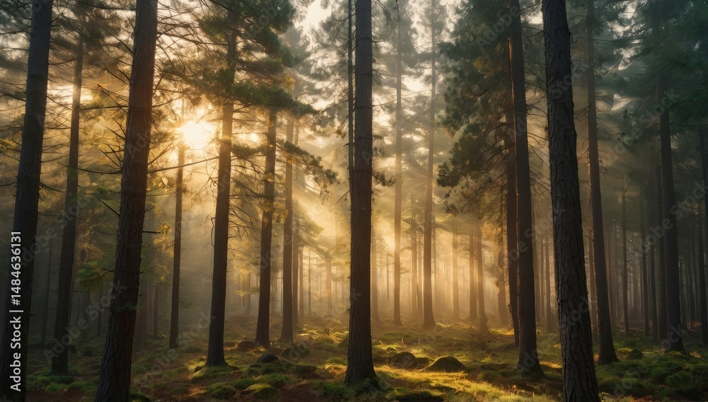 Fototapeta premium “Foggy pine forest in early morning with golden sunlight filtering through, cinematic mood”