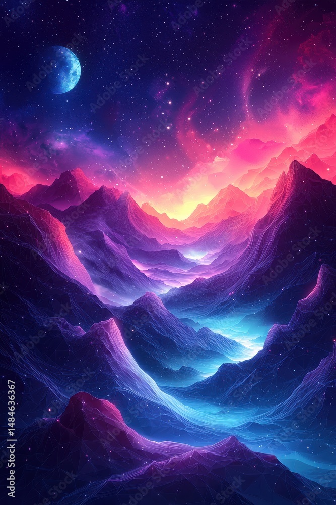 A vibrant celestial scene with glowing nebulae and scattered starry skies