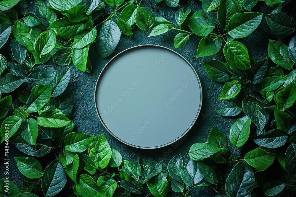 Circular blank surface surrounded by rich green leaves creating a natural frame