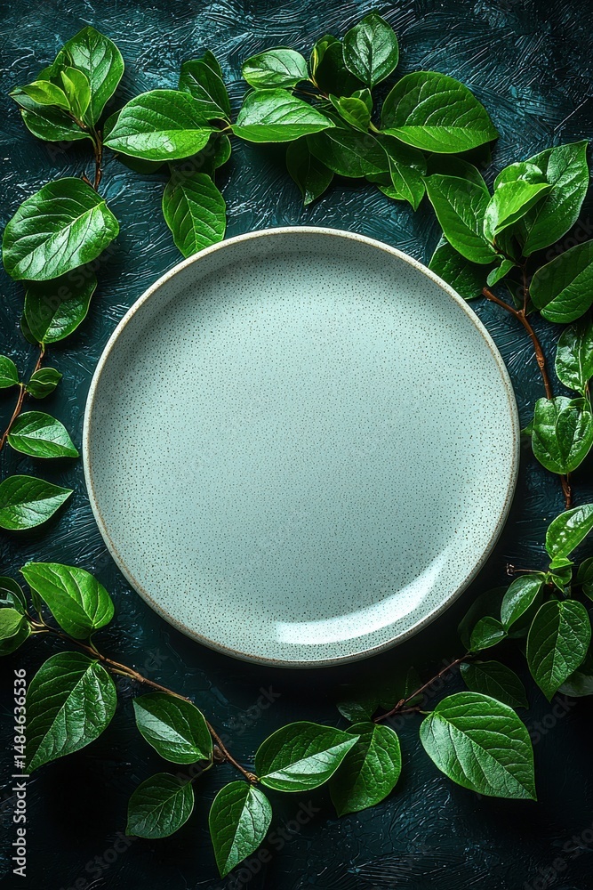 White plate centered on vibrant green leaf arrangement, evoking natural themes