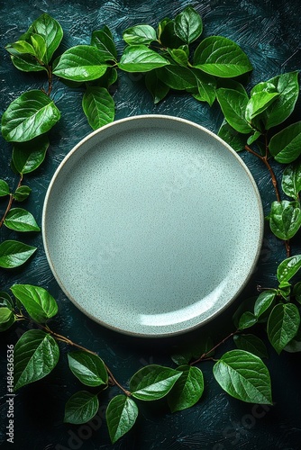 Obraz na płótnie White plate centered on vibrant green leaf arrangement, evoking natural themes w salonie