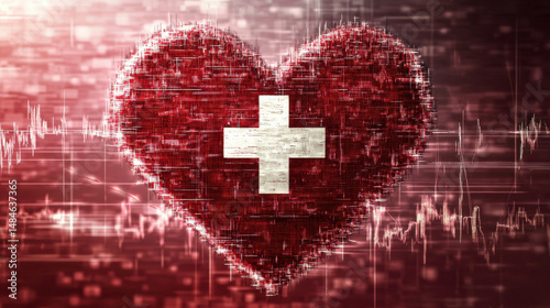 A digital heart symbol with a Swiss cross, radiating health and compassion in a vibrant red theme.