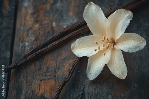 Wallpaper Mural Delicate vanilla flower beside dark brown beans on rustic wood Torontodigital.ca