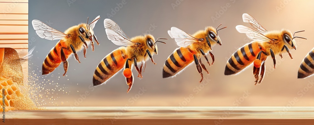 Macro shot of worker bees with honeycomb and pollen under golden light